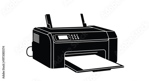 Black and white outline of a modern inkjet printer with paper tray