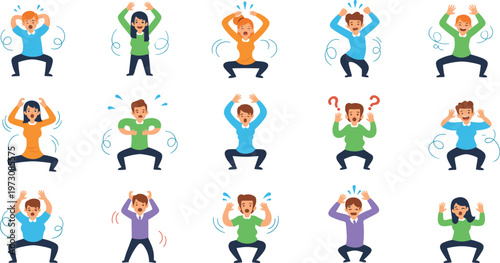People Performing Squat Exercises with Different Variations and Body Movements in Fitness Workout Cartoon Style Illustration Set.