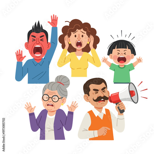 Family shouting in distress, arguing, complaining, anger, stress, megaphone, noise, cartoon illustration
