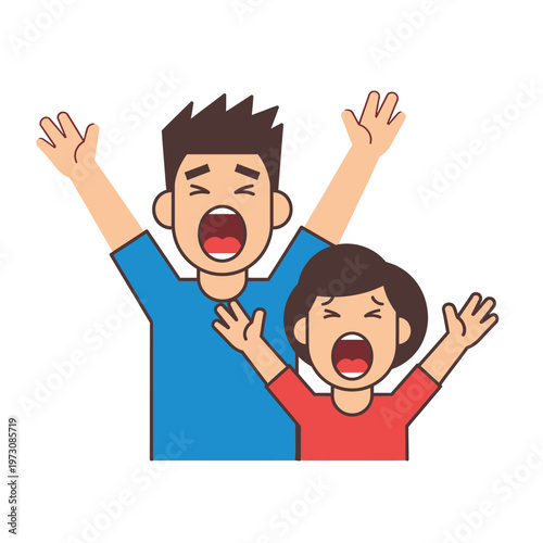 Father and Child Screaming Together with Arms Raised in Exasperation or Excitement