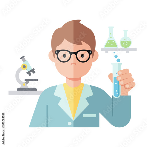 Young scientist in lab coat conducting experiment with test tube and microscope