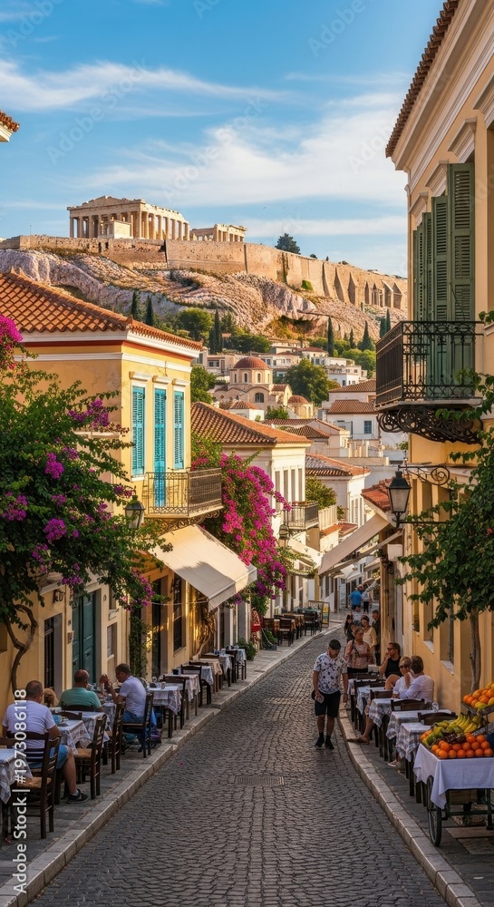 Fototapeta premium Picturesque Athens Street Scene with Acropolis in the Background.