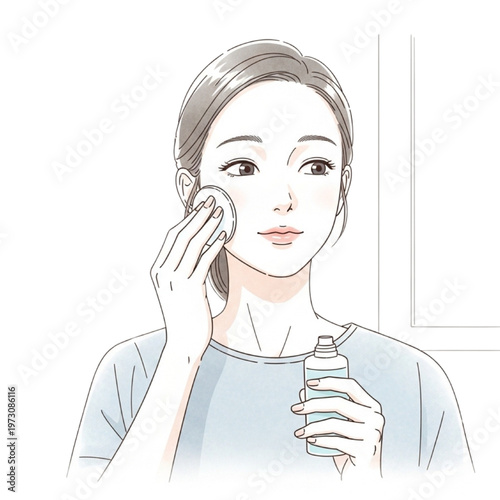 Woman applies skincare product to face with cotton pad in bathroom