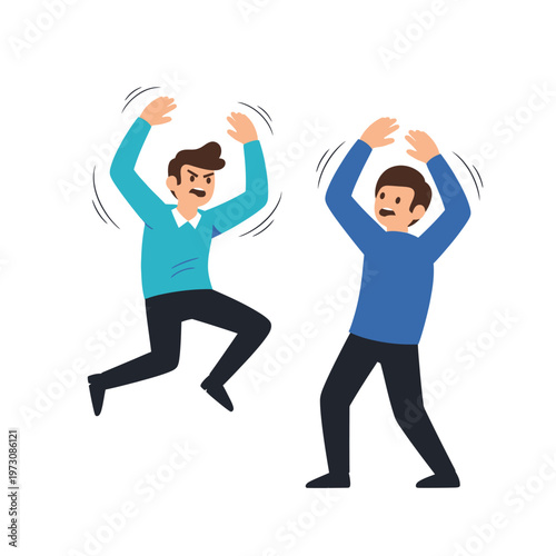 Two men arguing with raised hands and angry expressions, vector illustration