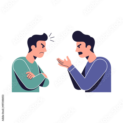 Two men arguing, conflict and disagreement illustration, expressive faces
