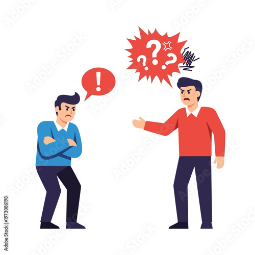 Two men arguing, conflict and disagreement, vector illustration with speech bubbles