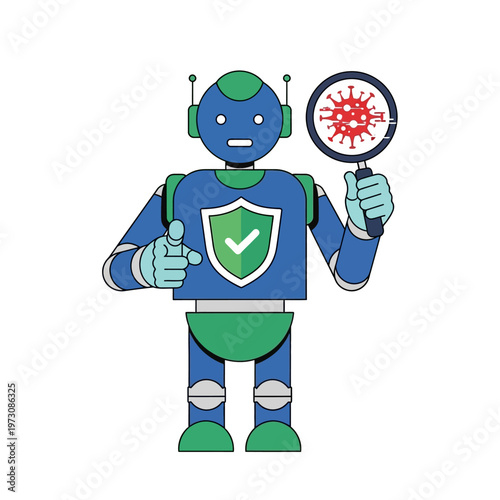 Robot holding magnifying glass on virus, shield with checkmark