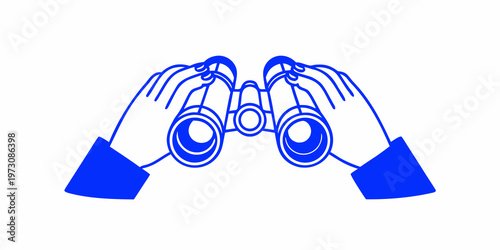 Hands holding blue binoculars in a simple line art illustration
