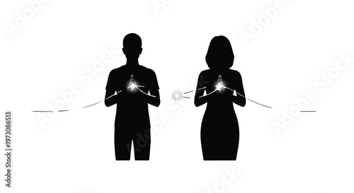 Silhouettes of a man and woman holding glowing lights, symbolizing connection and shared energy.