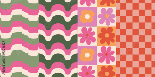 Colorful retro patterns wavy floral and checkered designs displayed vertically