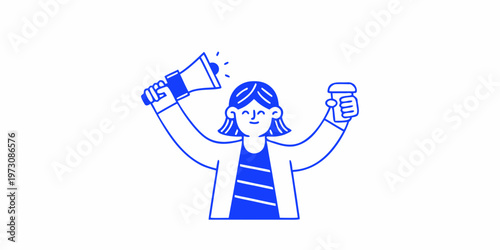 Woman cheerfully announces something while holding a coffee cup