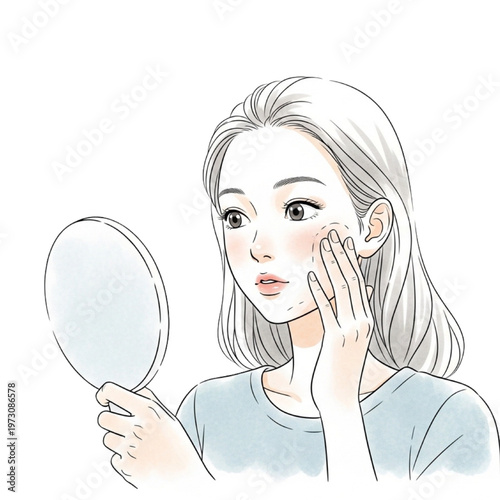 Woman examines her face in a handheld mirror with concern