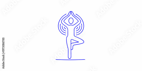 Minimalist blue line drawing of a person in a yoga pose
