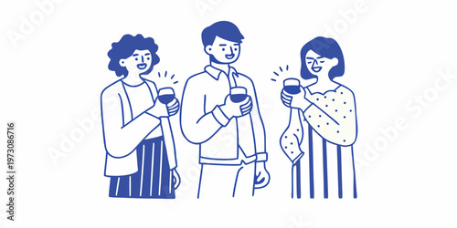 Three people enjoying drinks together in a simple illustrated style