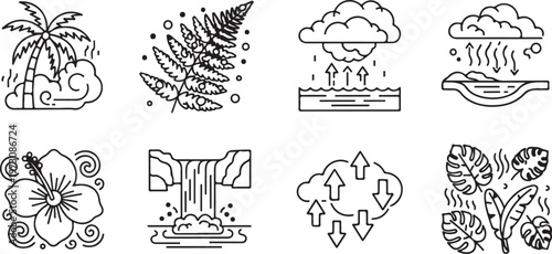 Various plant and animal life cycle illustrations in simple black and white drawings Vector