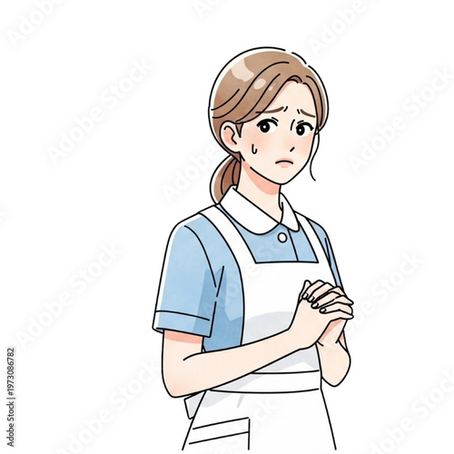 A worried woman wearing an apron looks stressed while standing indoors.