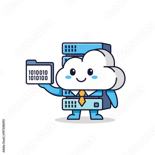 Cloud Server Character Holding Binary Data Folder, Cute Tech Mascot