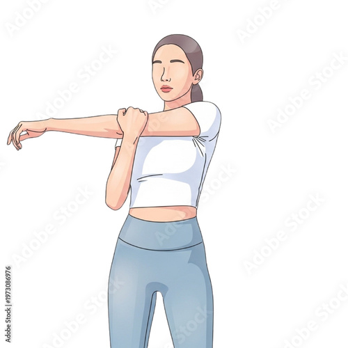 Woman stretches arm across shoulder in fitness studio with exercise