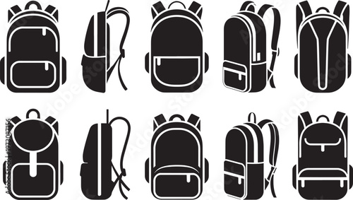 School backpack silhouette collection featuring different bag angles and travel rucksack variations