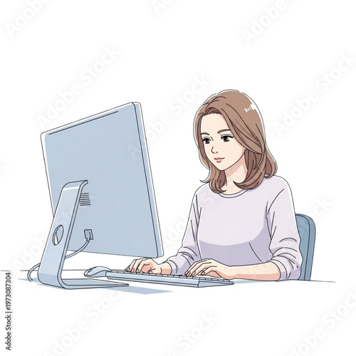 Woman sitting at desk working on computer with focused expression indoors