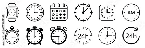 Time and Clock Icon Set, Analog Clock Symbols Collection, Horizontal Layout with Circle Arrow Icons, Time Management and Schedule Elements, Clean Vector Illustration for UI and Design