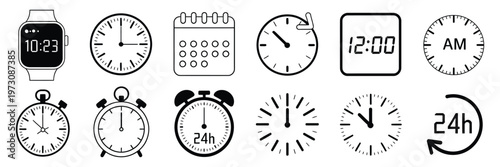 Time and Clock Icon Set, Analog Clock Symbols Collection, Horizontal Layout with Circle Arrow Icons, Time Management and Schedule Elements, Clean Vector Illustration for UI and Design