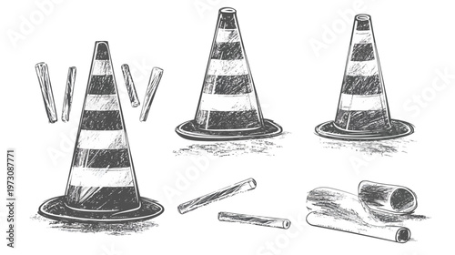 A hand-drawn illustration with multiple traffic cones and cylindrical objects. Black and white graphic