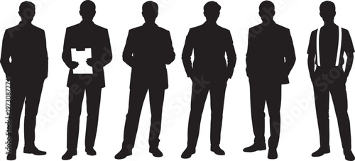 Set of male businessman silhouettes standing in various poses vector illustration
