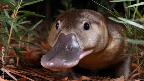 A playful platypus explores its environment at dusk, surrounded by leafy plants and scattered autumn leaves, showcasing its unique features and curious demeanor