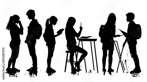 Black silhouettes of students engaged in various activities, studying and interacting