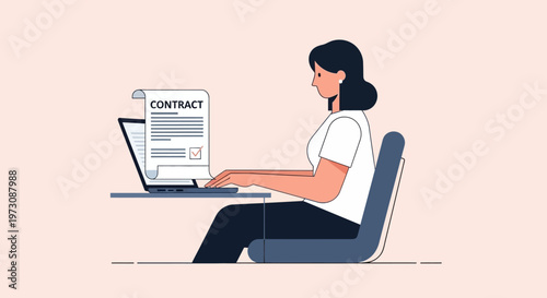 woman sitting with laptop and contract.