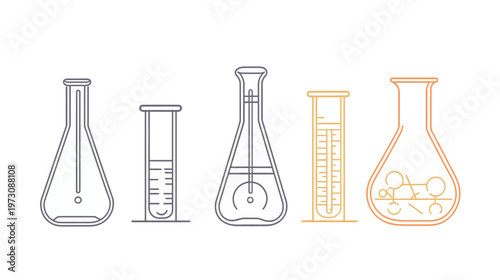 Stylized line art of five pieces of lab equipment beakers and test tubes, with some filled