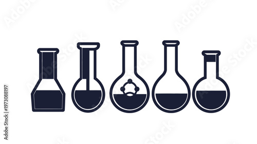 Illustration featuring five different lab flasks, with varying designs and liquids inside