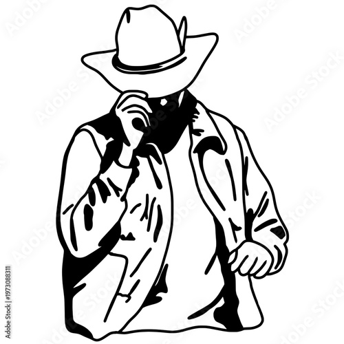 Cowboy man adjusting his hat with subtle gesture wearing western outfit relaxed stance and confident attitude detailed contrast highlights folds and character isolated on clean background