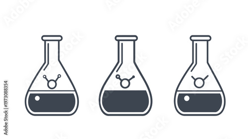 Three stylized laboratory flasks in a row, each containing liquid and a molecular illustration