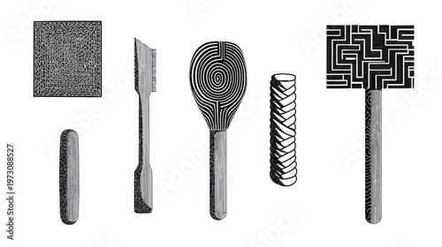 Stylized monochrome drawings of everyday objects arranged linearly