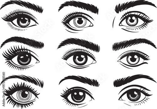Set of human eyes in different shapes and styles with elegant eyebrows and thick eyelashes