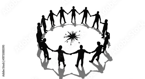Diverse group of people holding hands in a circle, symbolizing unity and connection.