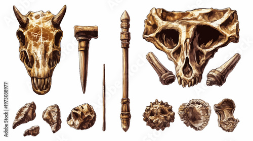 Artistic depiction of various fossilized bones and artifacts. Highly detailed with a beige color scheme