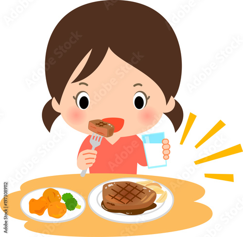 たくさんの肉や牛乳を摂るティーンエージャーの女の子