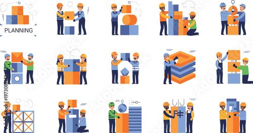 Construction Workers Planning and Building Structures with Tools Equipment and Teamwork in Industrial Engineering Cartoon Style Illustration Set.