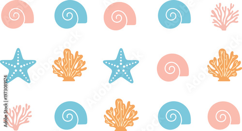 Seamless Sea Life Vector Pattern with Starfish, Shells, and Coral in Pastel Colors