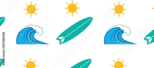 Summer beach surfboard wave sun seamless vector pattern for tropical vacation design
