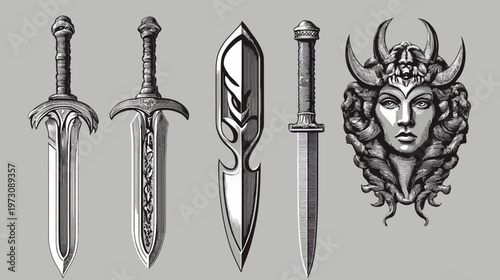 Stylized grayscale illustration featuring various swords, a dagger, and a face with horns
