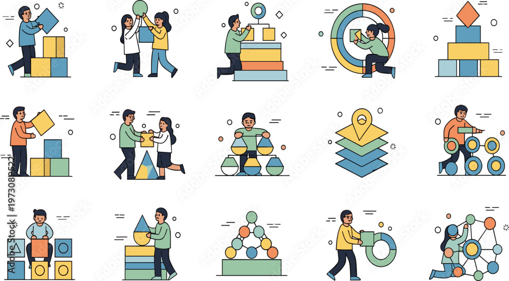 Fototapeta premium People Building Data Charts and Business Growth Concepts with Analytics Strategy and Teamwork in Modern Flat Cartoon Style Illustration Set.