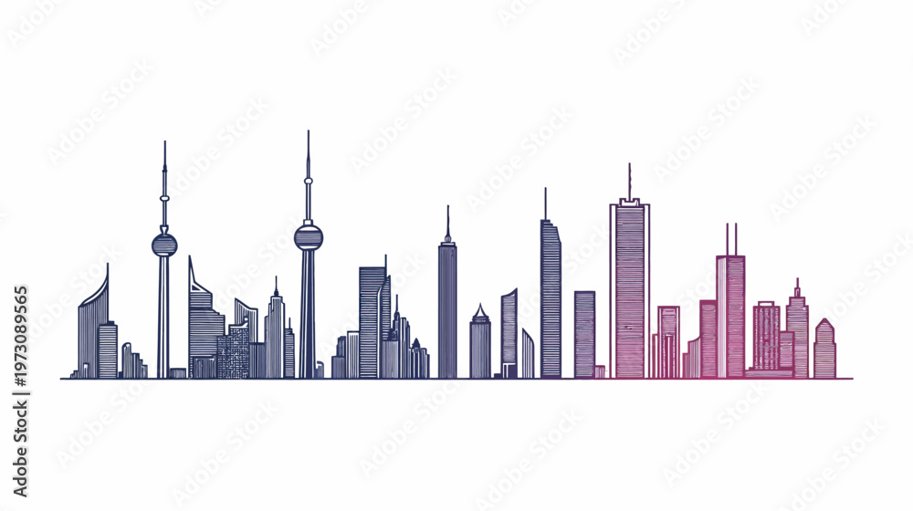 Obraz premium A stylized linear illustration of a city skyline, colored in a gradient from dark blue to pink