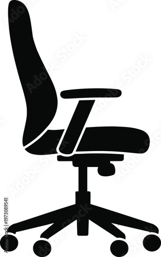 Minimal vector silhouette, office chair swivel chair side view, ergonomic seat with wheels and armrests, solid black, isolated on white background.