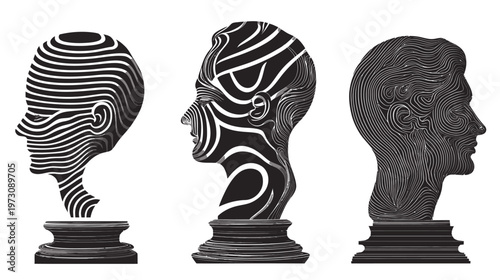 Three stylized, grayscale busts of human heads, each on a pedestal, with distinct textures