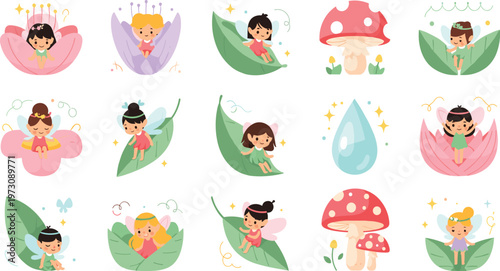Cute Little Fairies Sitting on Leaves Flowers and Mushrooms with Magical Sparkles in Enchanted Nature Cartoon Style Illustration Set.