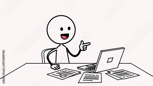 Joyful Stickman Character Studying Exam Material on Laptop at Desk with Papers and Calculators Simple Cartoon Style Black and White Animation Isolated on Light Pink Grid Background
